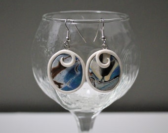 Blue Brown and White Abstract Earrings Polymer Clay