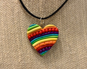 Rainbow Heart Necklace Pendant Polymer Clay