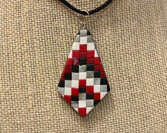 Red Black White and Grey Bargello Necklace Pendant Polymer Clay