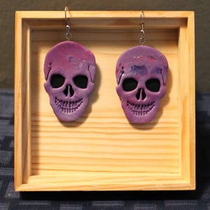 Purple Skull Dangle Earrings Polymer Clay