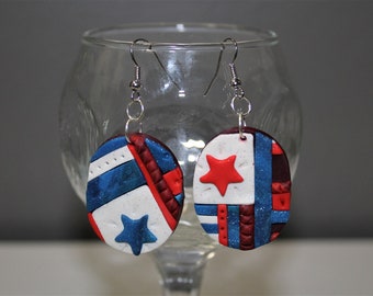 Large Red White and Blue Earrings Polymer Clay
