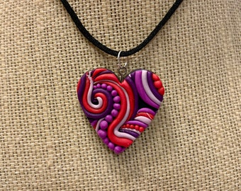 Pink and Purple Heart Shaped Necklace Pendant Polymer Clay