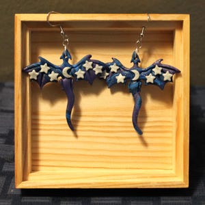 Midnight Blue Stars and Moon Dragon Earrings Polymer Clay