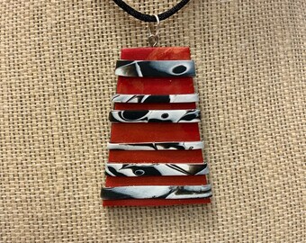 Red, Black, and White Abstract Geometric Necklace Pendant Polymer Clay
