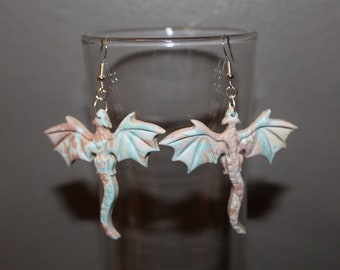 Brown and Light Blue Dragon Earrings Polymer Clay