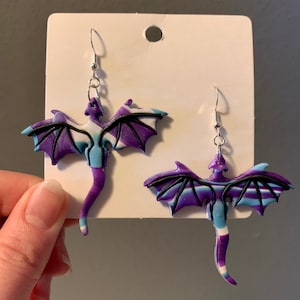 Purple Blue and White Dragon Earrings Polymer Clay