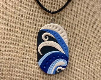 Blue and White Waves Necklace Pendant Polymer Clay