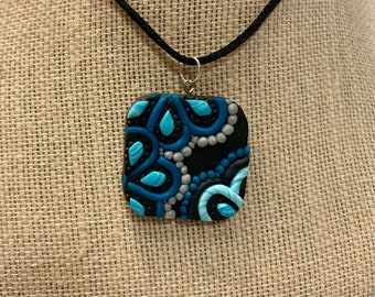 Turquoise and Black Necklace Pendant Polymer Clay