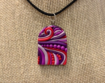 Pink and Purple Arch Abstract Necklace Pendant Polymer Clay