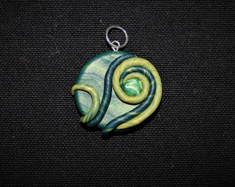 Green Circular Abstract Necklace Pendant Polymer Clay