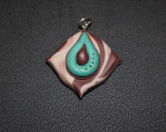 Brown and Turquoise Abstract Necklace Pendant Polymer Clay