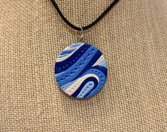 Blue and White Abstract Necklace Pendant Polymer Clay