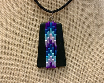 Purple Blue and Black Necklace Pendant Polymer Clay
