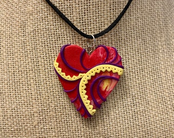 Red and Yellow Heart Shaped Necklace Pendant Polymer Clay