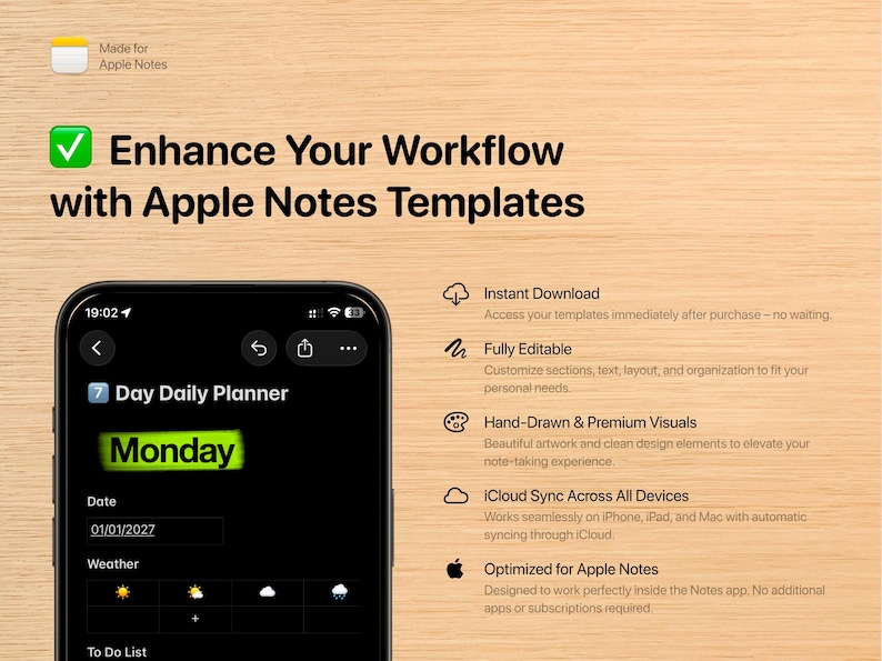 Iphone Notes Template Vector 7-day Daily Planner Template — Apple Notes Weekly to Do Mood Tracker ...
