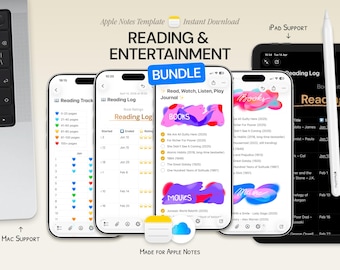 Paquete de lectura y entretenimiento: Rastreador de libros, Lista de películas pendientes, Notas de Apple para iPhone, iPad y Mac.