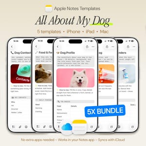May include: A digital bundle of five Apple Notes templates titled All About My Dog for iPhone, iPad, and Mac. The display shows various dog-related forms including Dog Profile, Food & Feeding, and Reminders, alongside a laptop and stylus.
