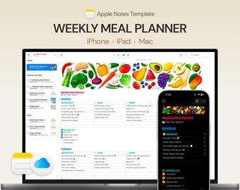 Planificador de comidas semanal, plantilla de lista de compras, organizador de menús para Apple Notes (digital)
