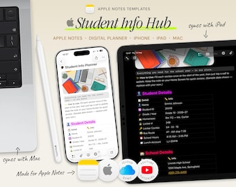Student Info Hub — Apple Notes Template, Digital Student Planner for iPad iPhone Mac | College & School Organizer, Study Planner