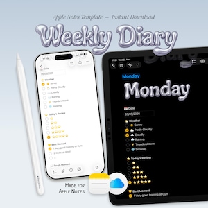 Pode incluir: Modelo digital Apple Notes para um diário semanal, com uma caneta branca e um telefone e tablet exibindo o diário. O telefone e o tablet mostram um registro meteorológico diário e uma seção de revisão. O texto "Weekly Diary" é exibido.