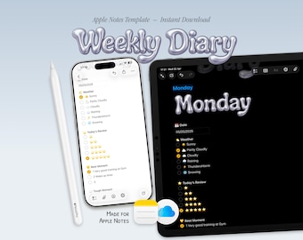 Plantilla de diario semanal – Diario personal de Apple Notes para iPhone, iPad y Mac: registro de estado de ánimo y hábitos alimenticios.