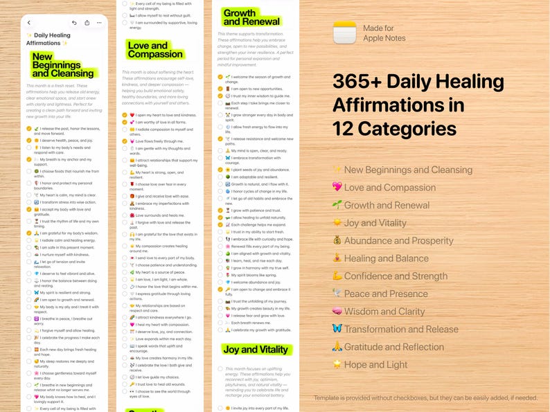 Daily Affirmations Template – 365+ Healing Self Care Apple Notes List ...