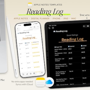 Sjabloon voor een leeslogboek – Boektracker Apple Notes Dagboek Beoordelingslijst voor iPhone, iPad, Mac