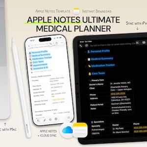 Könnte beinhalten: Ein Apple Notes Ultimate Medical Planner wird auf einem Telefon und Tablet angezeigt, mit einem Laptop und einem Stift im Hintergrund. Das Telefon zeigt medizinische Profilinformationen. Das Tablet zeigt medizinische Zusammenfassungen und Details des Pflegeteams.