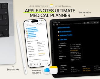 Plantilla de planificador médico: Apple Notes, rastreador digital de salud y medicamentos, sincronización con iCloud.