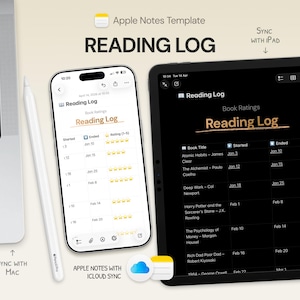 Puede incluir: Una plantilla de Apple Notes para un registro de lectura se muestra en un teléfono inteligente y una tableta. El teléfono muestra una lista de libros con calificaciones, mientras que la tableta muestra un registro similar. También se ve un lápiz óptico blanco y un portátil.