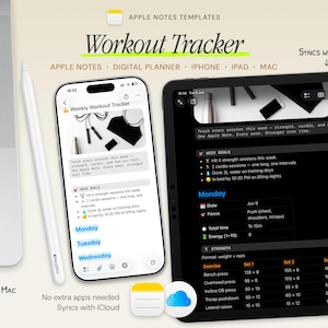 Op de afbeelding: Een digitale workout-tracker-sjabloon voor Apple Notes weergegeven op een iPhone en iPad, inclusief een laptop en stylus. De interface toont wekelijkse doelen, dagelijkse focus en krachttrainingslogboeken met tekst zoals Workout Tracker.