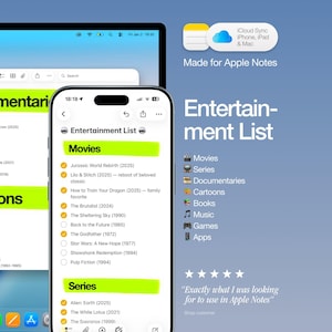 Unterhaltungsliste: Apple Notes-Vorlage für iPhone, iPad und Mac, Filme, Dokumentationen, Cartoons, Serien, Bücher, Musik, Spiele – Liste zum Nachverfolgen, bearbeitbar