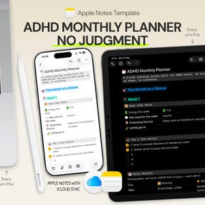 Può includere: Un modello di Apple Notes per un pianificatore mensile ADHD, con il testo "PIANIFICATORE MENSILE ADHD NO GIUDIZIO". L'immagine mostra un laptop, un telefono e un tablet che visualizzano l'interfaccia del pianificatore. È presente anche uno stilo.