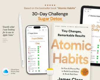 Rastreador de hábitos para la desintoxicación de azúcar en 30 días – Atomic Habits Apple Notes Journal para iPhone, iPad y Mac