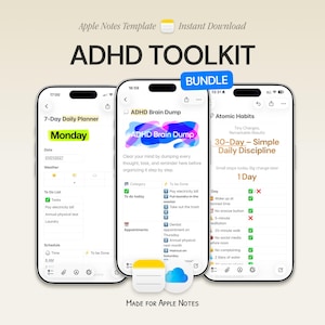 Puede incluir: Tres teléfonos inteligentes que muestran interfaces de aplicaciones para un kit de herramientas para el TDAH. Las aplicaciones incluyen un planificador de 7 días, una herramienta de descarga cerebral y un rastreador de disciplina de 30 días. El texto "ADHD TOOLKIT" se muestra encima de los teléfonos.