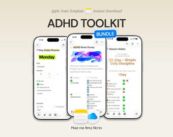 Paquete de herramientas para el TDAH: Planificador, descarga mental, hábitos, desintoxicación digital, Apple Notes para iPhone, iPad y Mac.