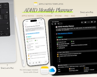 ADHD Digital Monthly/Weekly Planner | Apple Notes Template for iPhone, iPad, Mac