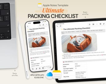 Lista de equipaje definitiva / Planificador digital de viajes y vacaciones para Apple / Plantilla de notas para iPhone, iPad y Mac