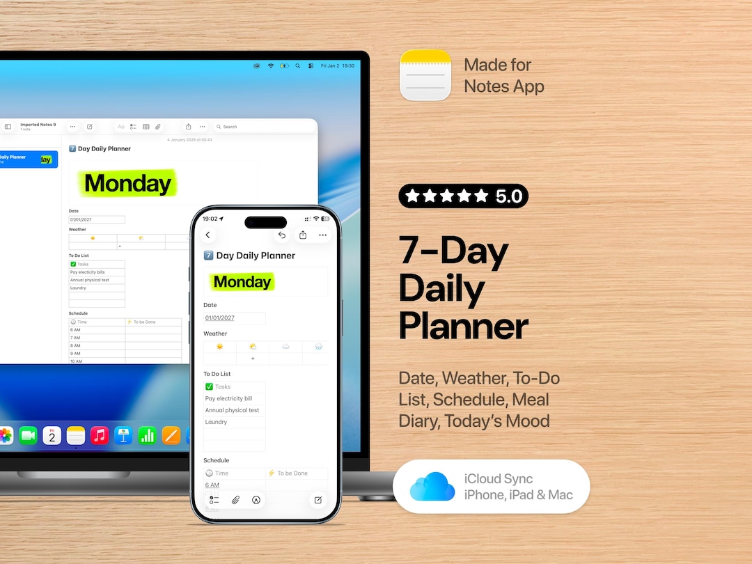 7-day Daily Planner Template — Apple Notes Weekly to Do Mood Tracker ...