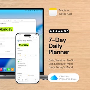 Plantilla de planificador diario de 7 días de Apple Notes para iPhone, iPad y Mac. Planificador semanal de productividad con lista de tareas, calendario, estado de ánimo y seguimiento de comidas.