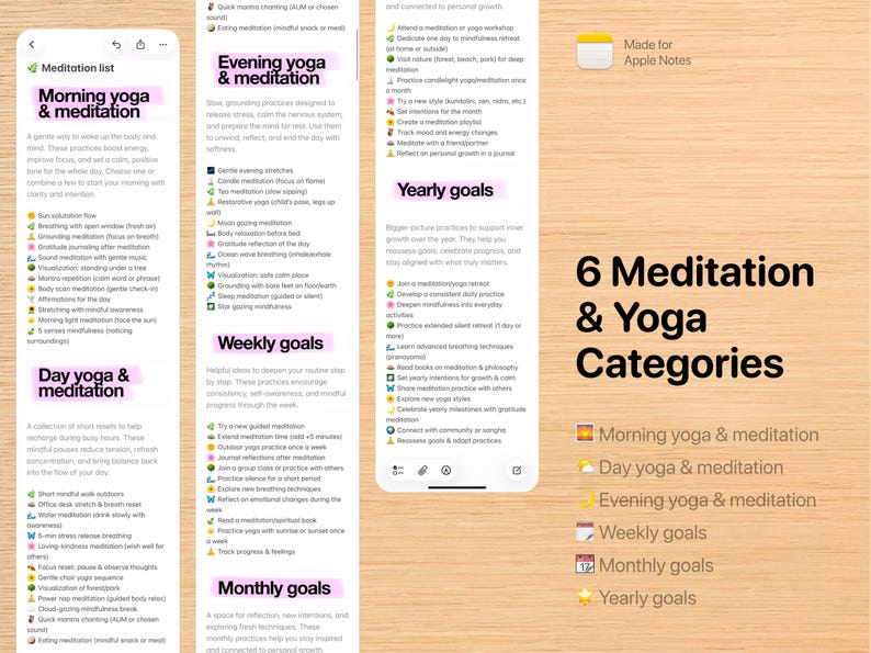 Mall för meditationsplanering – Morgon Kvällsyoga Apple Notes Mindfulness för iPhone, iPad och Mac bild 2