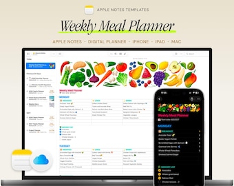 Weekly Meal Planner, Grocery List Template, Apple Notes Template Menu Organizer (Digital)
