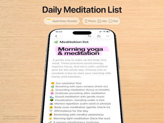 Meditation Planner Template – Morning Evening Yoga Apple Notes Mindfulness for iPhone, iPad & Mac