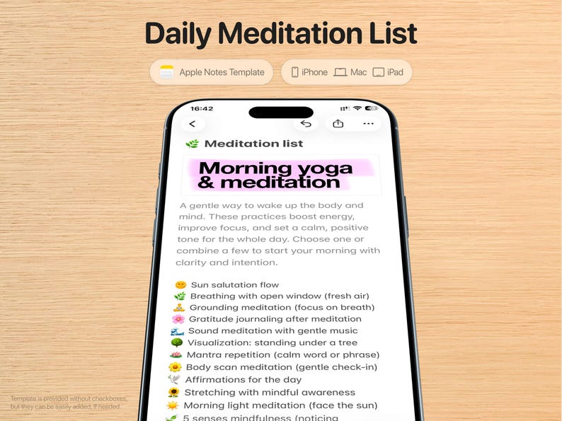 Mall för meditationsplanering – Morgon Kvällsyoga Apple Notes Mindfulness för iPhone, iPad och Mac bild 1