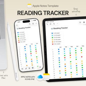 May include: A digital reading tracker template on a smartphone and tablet, with a laptop and stylus in the background. The tracker displays a calendar with colored hearts representing reading progress. The text "READING TRACKER" is prominently displayed.
