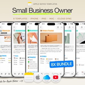 Puede incluir: Un paquete digital de 8 plantillas de Apple Notes para pequeñas empresas, que incluye rastreadores para proveedores, clientes, contenido, datos comerciales, pedidos, gastos e inventario. La interfaz muestra listas, tablas e iconos organizados para iPhone, iPad y Mac.