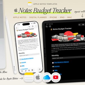 May include: A digital budget tracker template for Apple Notes displayed on a smartphone and tablet. The interface features financial icons, text headers, and monthly sections. Includes a stylus, laptop edge, and icons for Apple, iCloud, and YouTube tutorials.