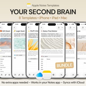 Peut inclure: Un produit numérique présentant des modèles Apple Notes pour iPhone, iPad et Mac. L'image affiche plusieurs écrans de téléphone avec divers modèles, dont "House Brain" et "Gift Stash". Le texte indique "YOUR SECOND BRAIN" et "8 Templates."