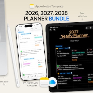 May include: Digital planner bundle for Apple Notes, featuring 2026, 2027, and 2028 yearly planners. The image shows a phone and tablet displaying the planner interface, along with a laptop and stylus. The planners sync with Mac and iPad.