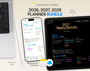 Paquete de planificador digital de tres años 2026 2027 2028 - Diseño semanal de Apple Notes